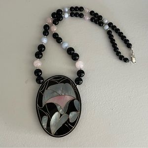 $175 VTG Sterling 925 MOP Inlay Pink Jade BLK Onyx Agate Bead Designer Necklace